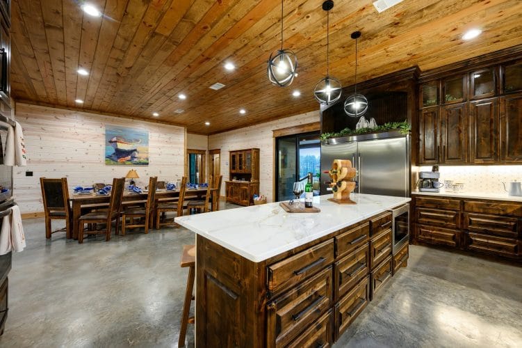 Kitchen island with the dining table behind it