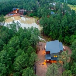 Aerial of the house among pines beside a pond