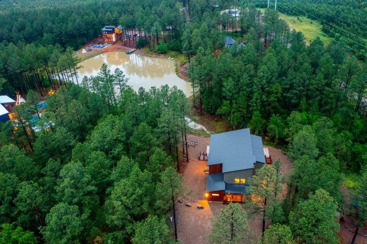 Aerial of the house among pines beside a pond