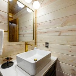 Vessel sink vanity with mirror and lights