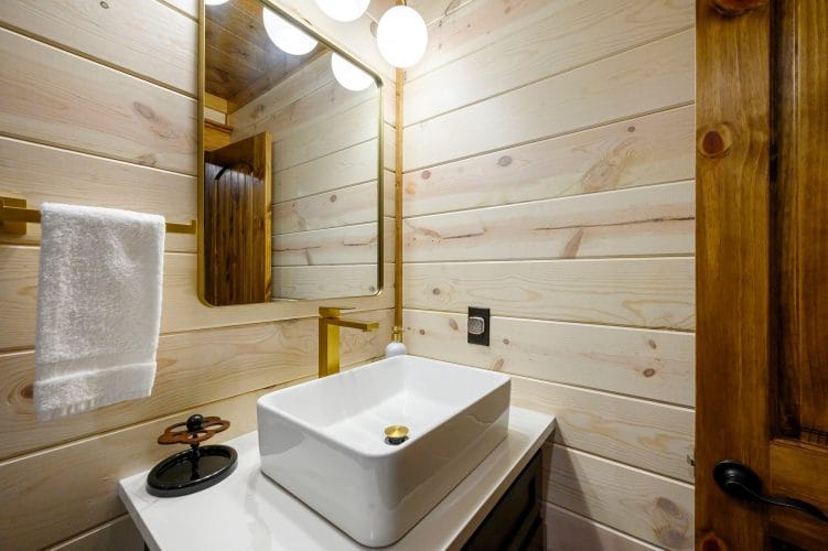 Vessel sink vanity with mirror and lights