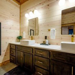Double vessel-sink vanity with a mirror and a framed picture