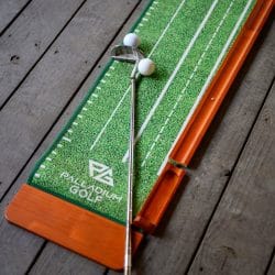Putting mat laid out on the covered patio deck