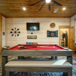 Red-felt pool table with a dartboard and TV on the wall behind