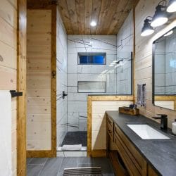 Walk-in shower with white patterned tile and a built-in niche