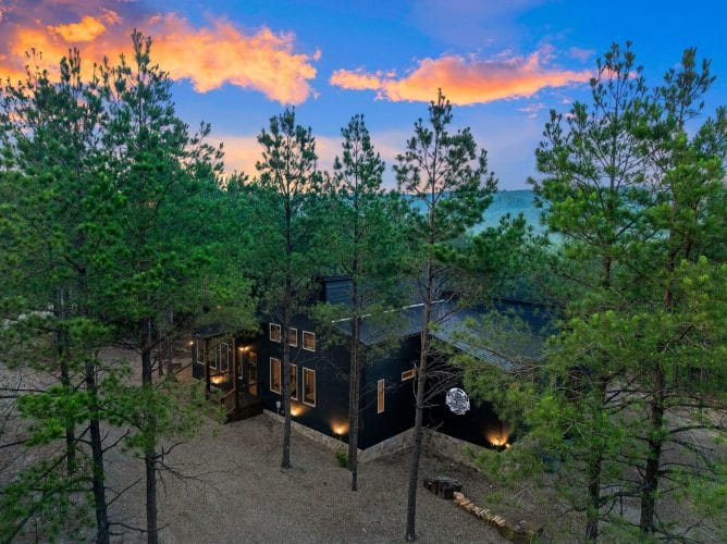 Aerial view of the cabin roof through pine branches