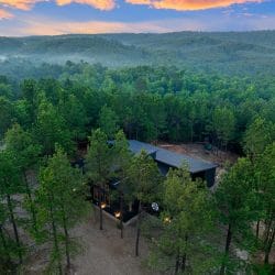 Aerial view of the cabin roof and a cleared area among pines