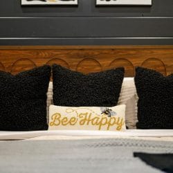 Close view of black textured and cream bee-embroidered pillows