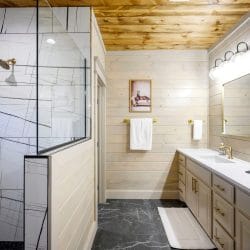 Vanity with a framed horse picture beside the shower glass