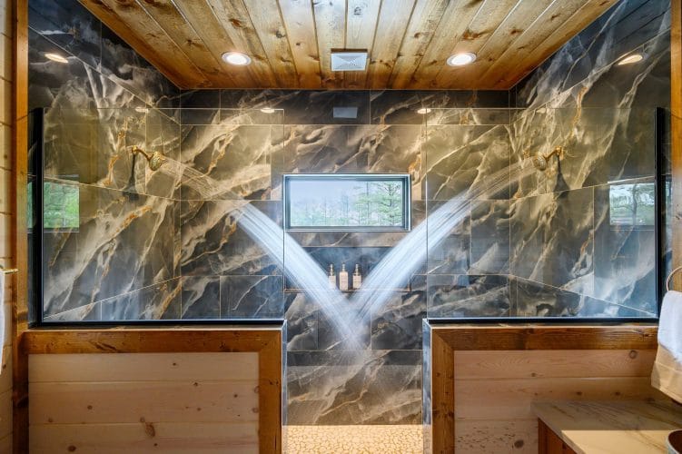 Large tile shower with two rain heads