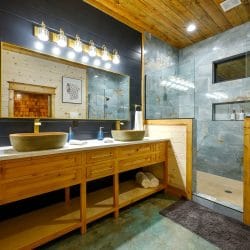 Double vanity with bowl sinks and a tile shower