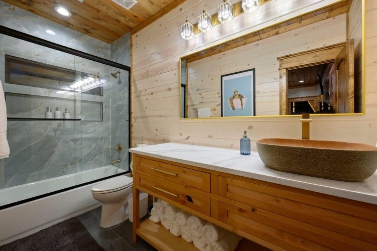 Vanity with a bowl sink and a glass tub-shower