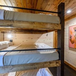Stacked bunk beds with gray bedding and an animal portrait on the wall