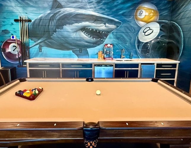 Pool table in front of a shark mural and a bar with sink