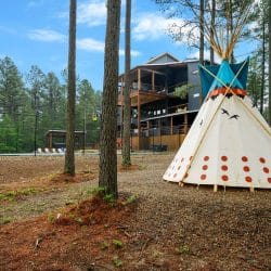 Teepee in the pines with the house behind it