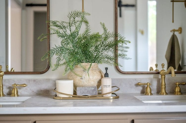 Bathroom vanity top with brass faucets, two mirrors and a plant