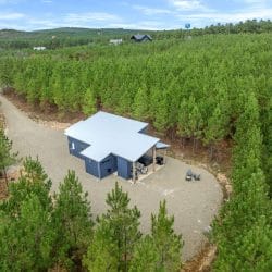 Aerial view of the cabin roof and gravel turnaround
