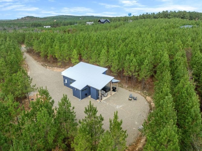 Aerial view of the cabin roof and gravel turnaround