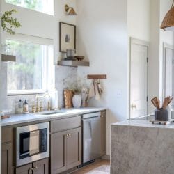 Kitchen sink with brass faucet, dishwasher and floating shelf