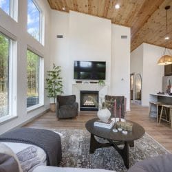 Living room seen from the sofa toward the fireplace and kitchen
