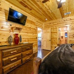 Dresser and TV in the log-bed bedroom, hallway door open at the back