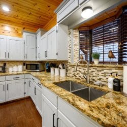 Double kitchen sink under a window with a tile backsplash