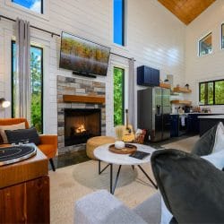 Living room with a record player, a gas fireplace under a TV and an orange chair